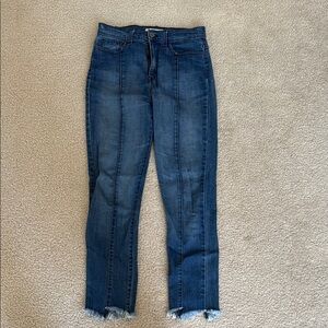 Blue Straight Leg Jeans with Frayed Hem